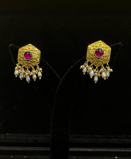Hexagon Gold Red Ruby Polki Studs