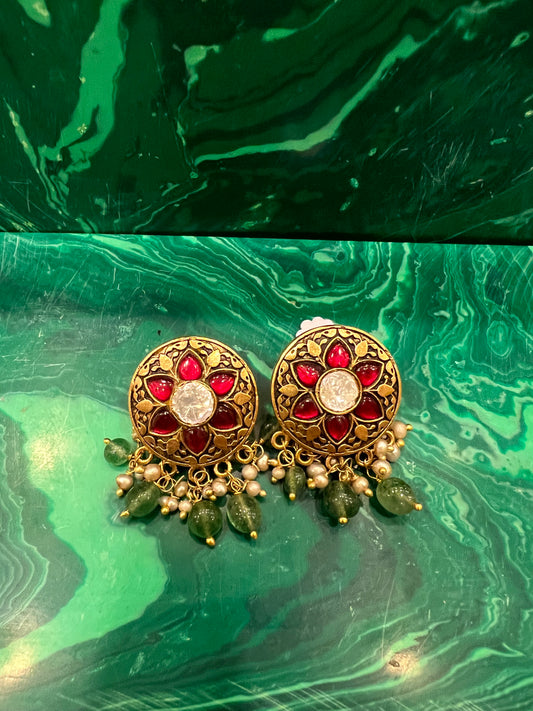Oxidised round ruby earrings